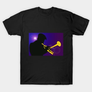 Silhouette of a Trumpet Player on a Blue / Purple Background T-Shirt